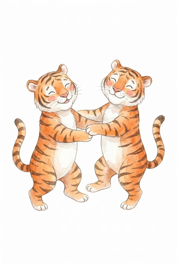 Two cute watercolor tigers hold paws and dance in this playful orange dancing tiger wall art.