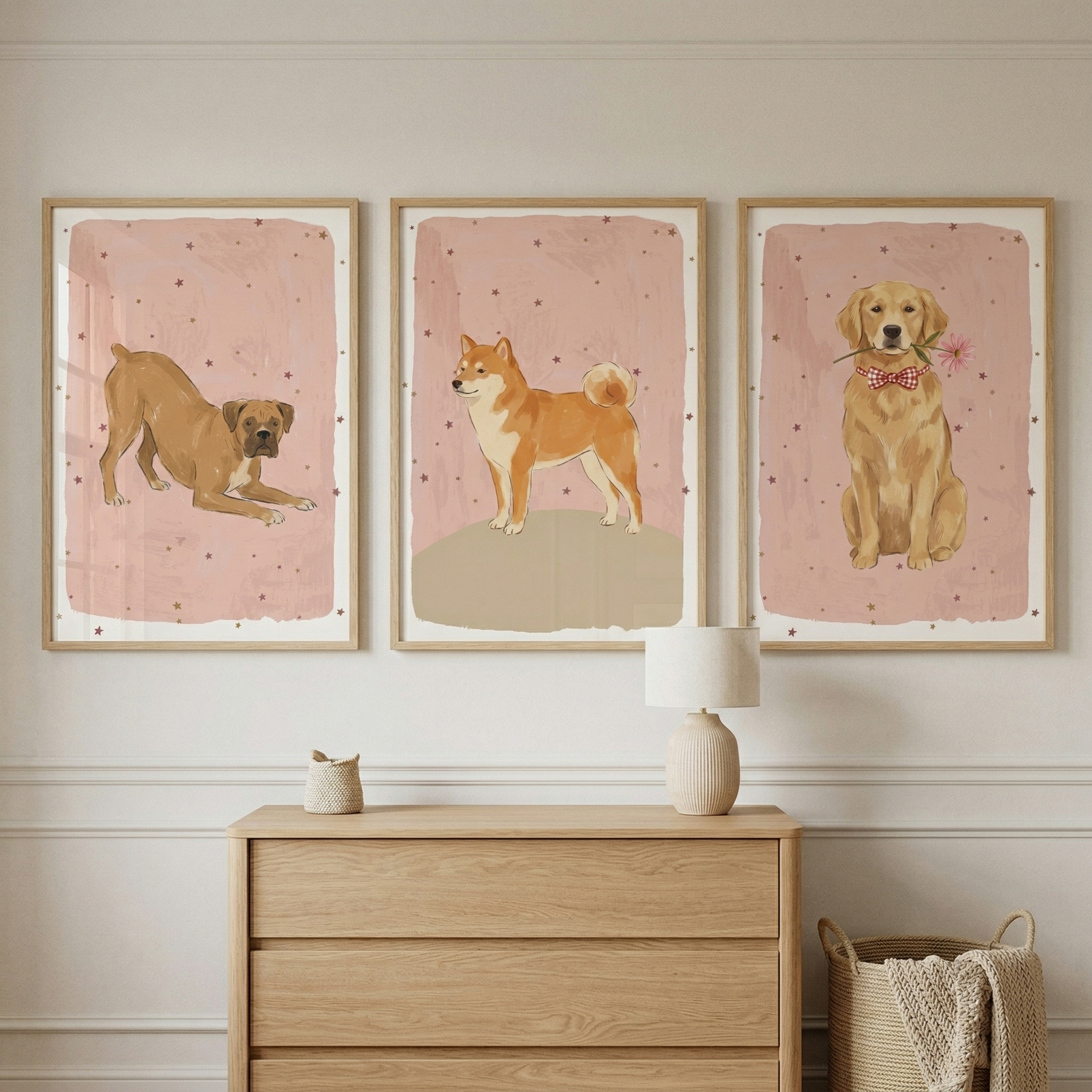 Playful Pink Starry Dog Wall Art Set of 3 - Sweet Starry Pups