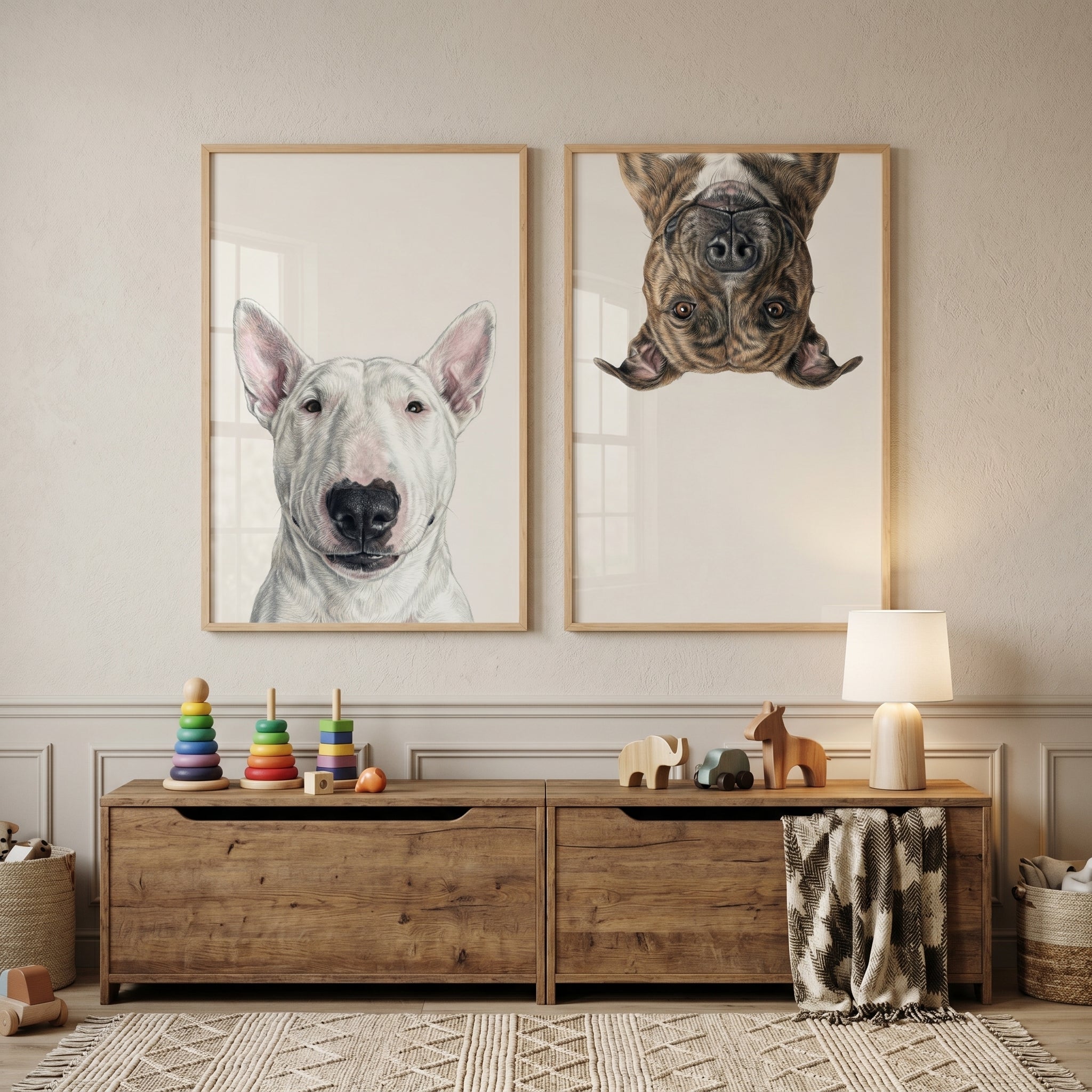 Playful Realistic Pet Dog Wall Art Set of 2 - Whimsical Dog Duo