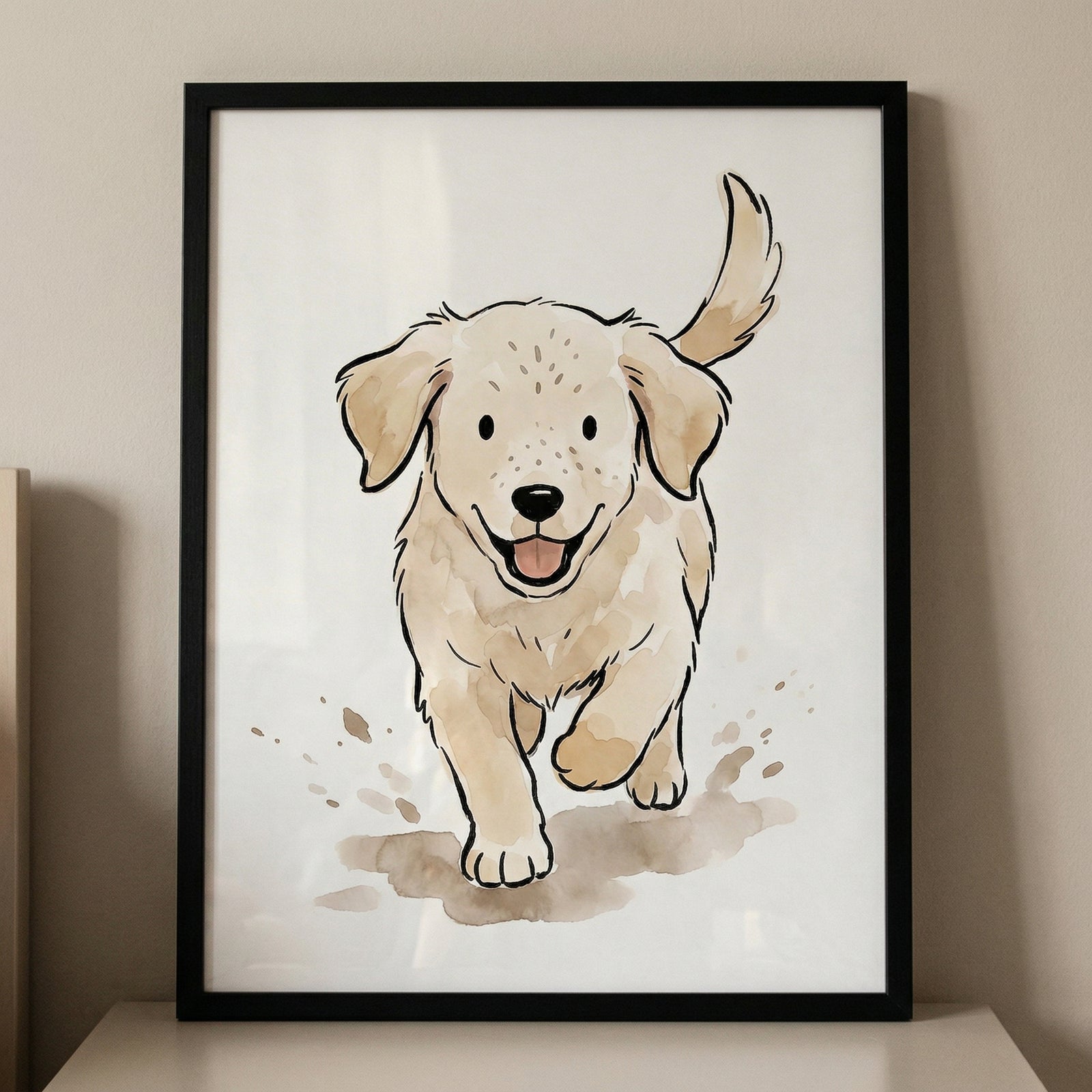 A framed illustration of a joyful golden-colored puppy running forward with its tongue out and tail wagging. The art style combines simple black line work with soft, light-brown watercolor-style washes for color and shading. 