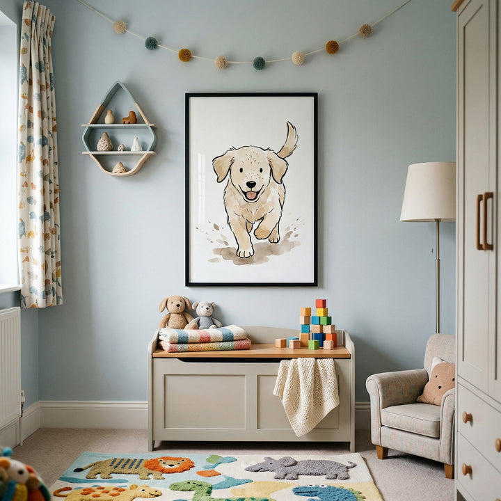 A cozy child's nursery features light blue walls and a large framed illustration of a happy watercolor-style puppy in the center. Above the art hangs a string of soft pom-poms in shades of blue, tan, and cream. To the left, a teardrop-shaped wooden shelf holds small figurines.