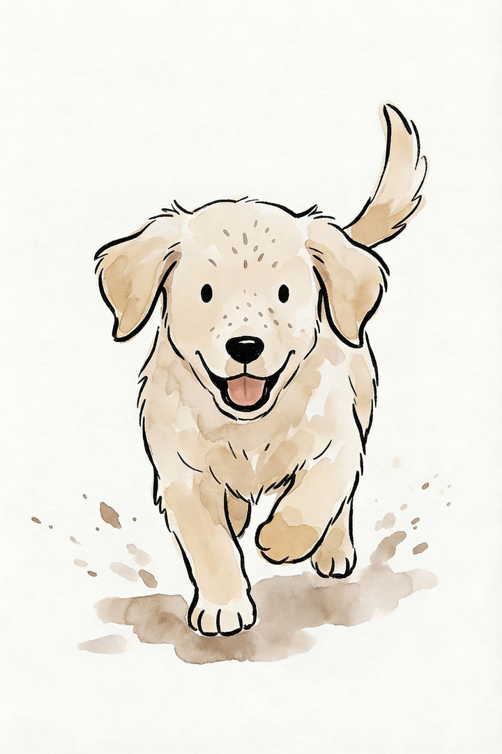 Watercolor illustration of a happy dog running toward the viewer with its tongue out and ears slightly lifted. The motion and playful expression convey energy and friendliness.

