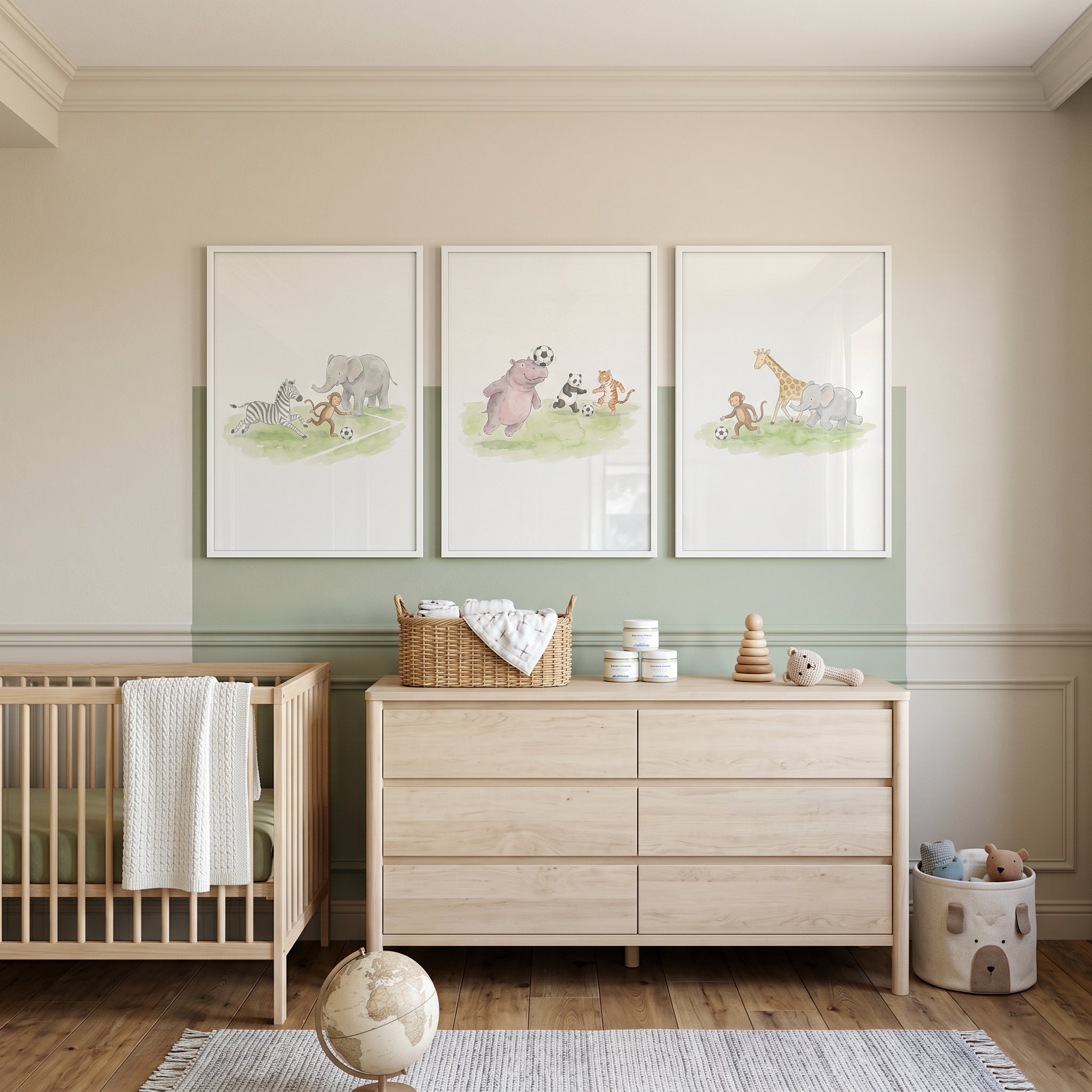 Playful Soccer Safari Animals Wall Art Set of 3 - Safari Soccer Stars