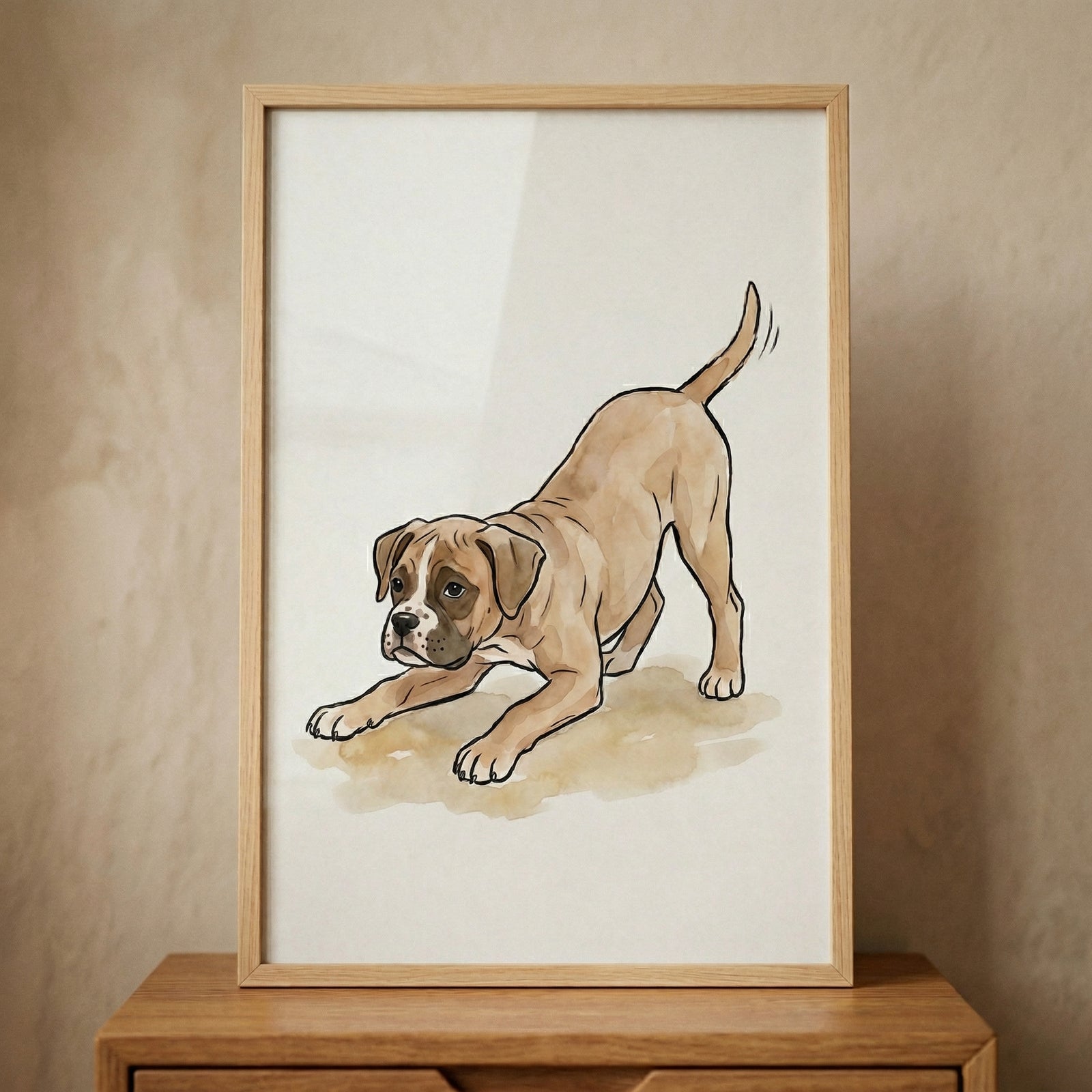 A piece of framed artwork featuring an illustration of a playful puppy sits on a wooden chest of drawers against a textured, light-colored wall. The illustration, rendered in a watercolor and ink style with thin black outlines and soft tan washes, shows a tan-colored puppy with white markings on its muzzle and chest in a "play bow" pose.