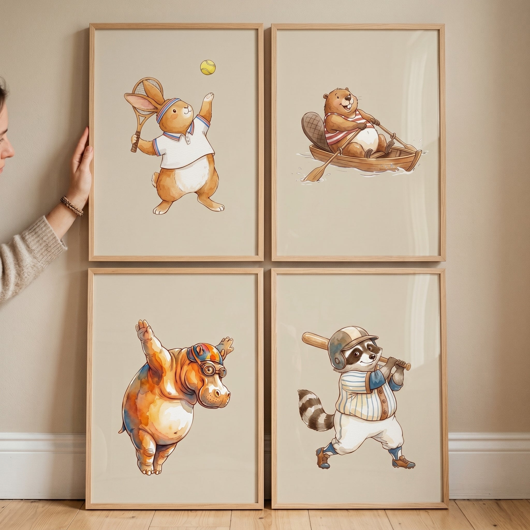 Playful Vintage Sports Animals Wall Art Set of 4 - Sporty Animal Crew