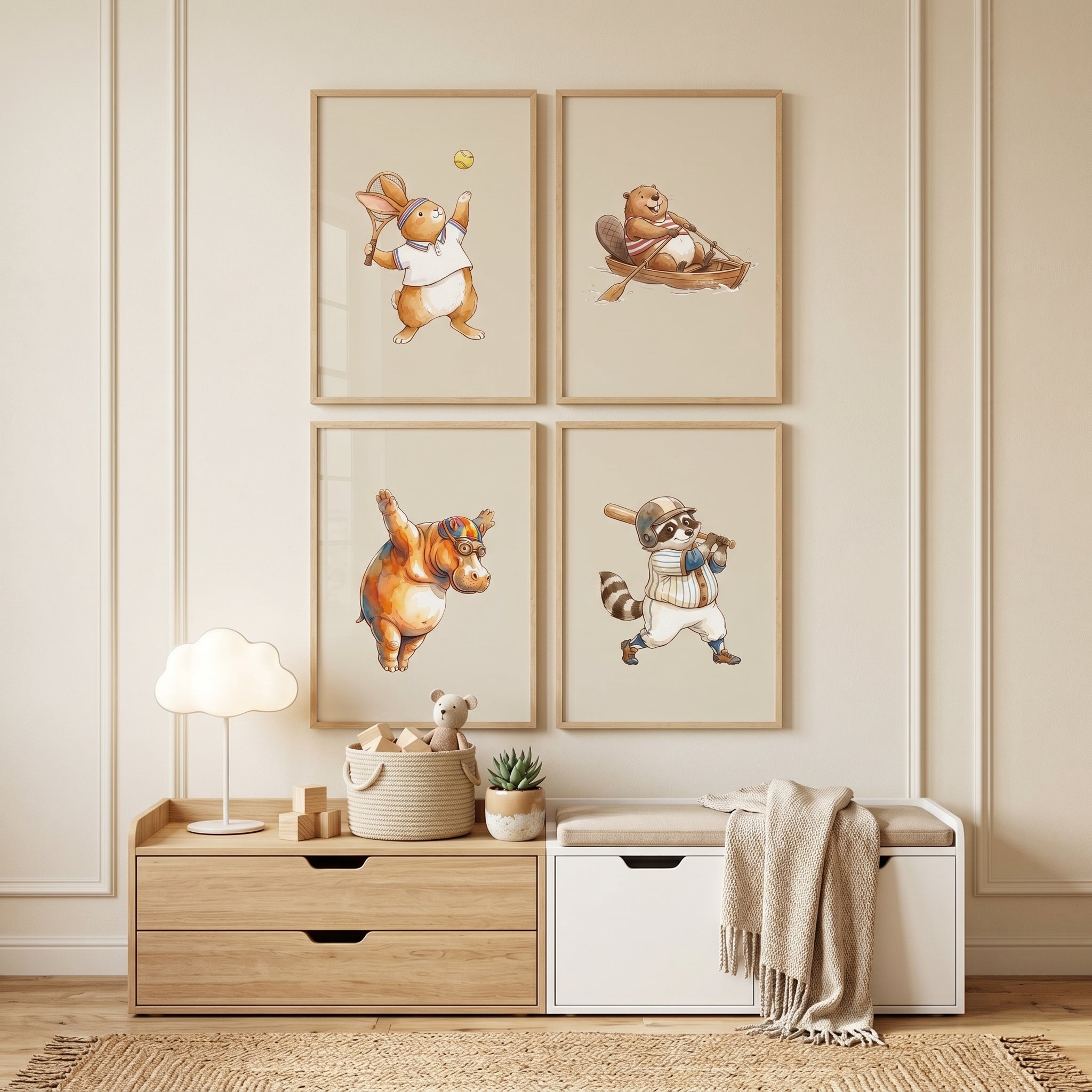 Playful Vintage Sports Animals Wall Art Set of 4 - Sporty Animal Crew