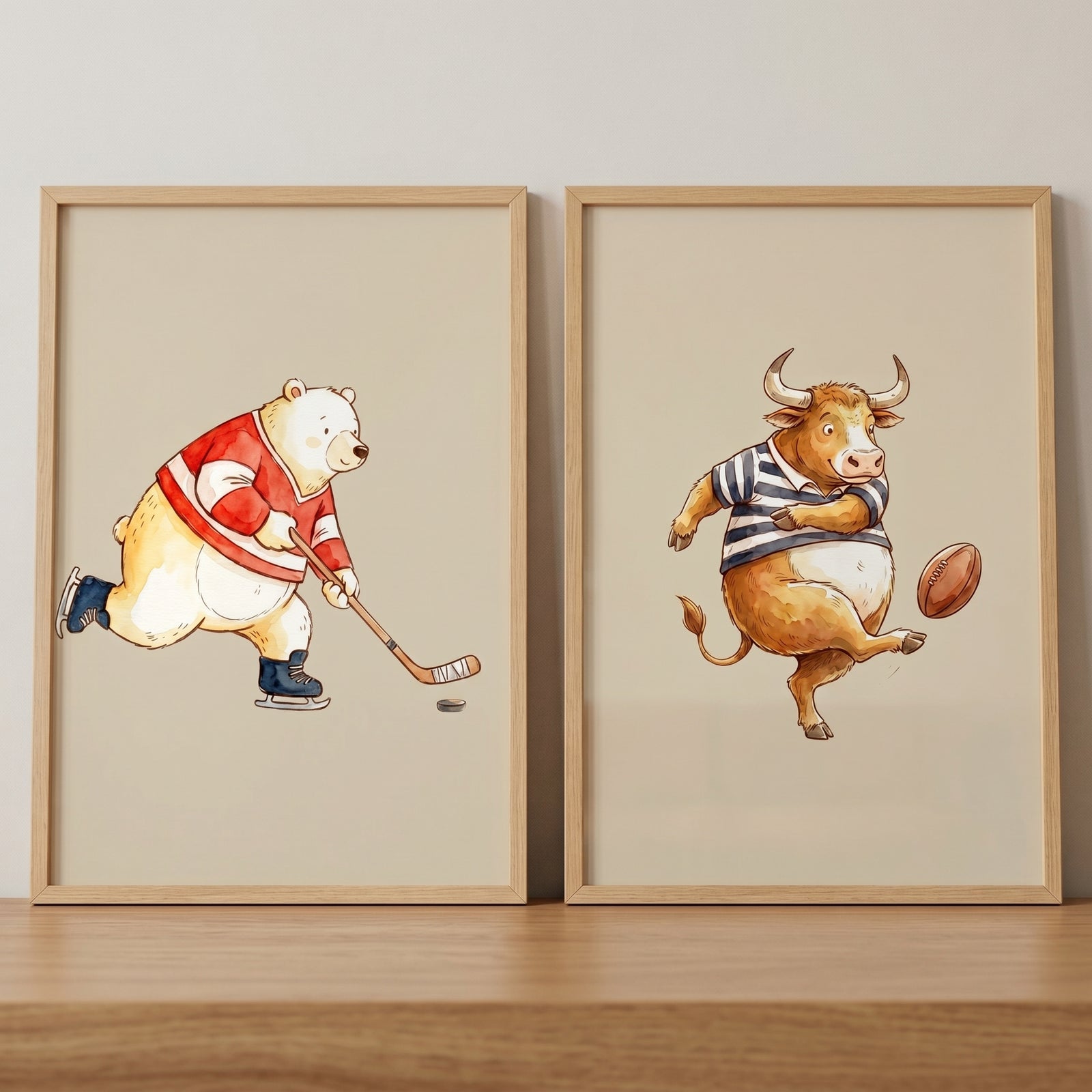 Playful watercolor sports animals wall art set of 2 featuring a bear playing hockey and a bull playing football.