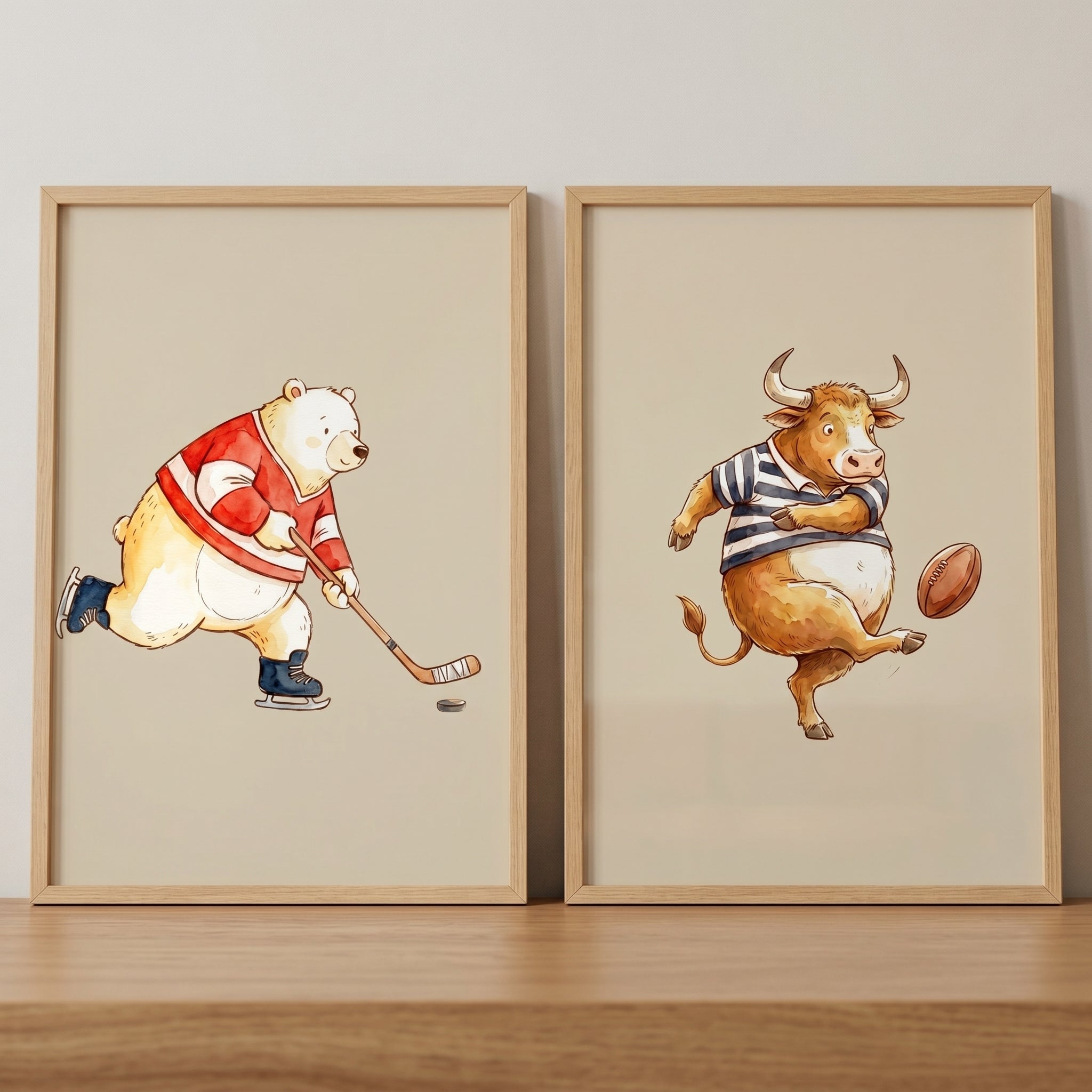 Playful Watercolor Sports Animals Wall Art Set of 2 - Athletic Creature Art