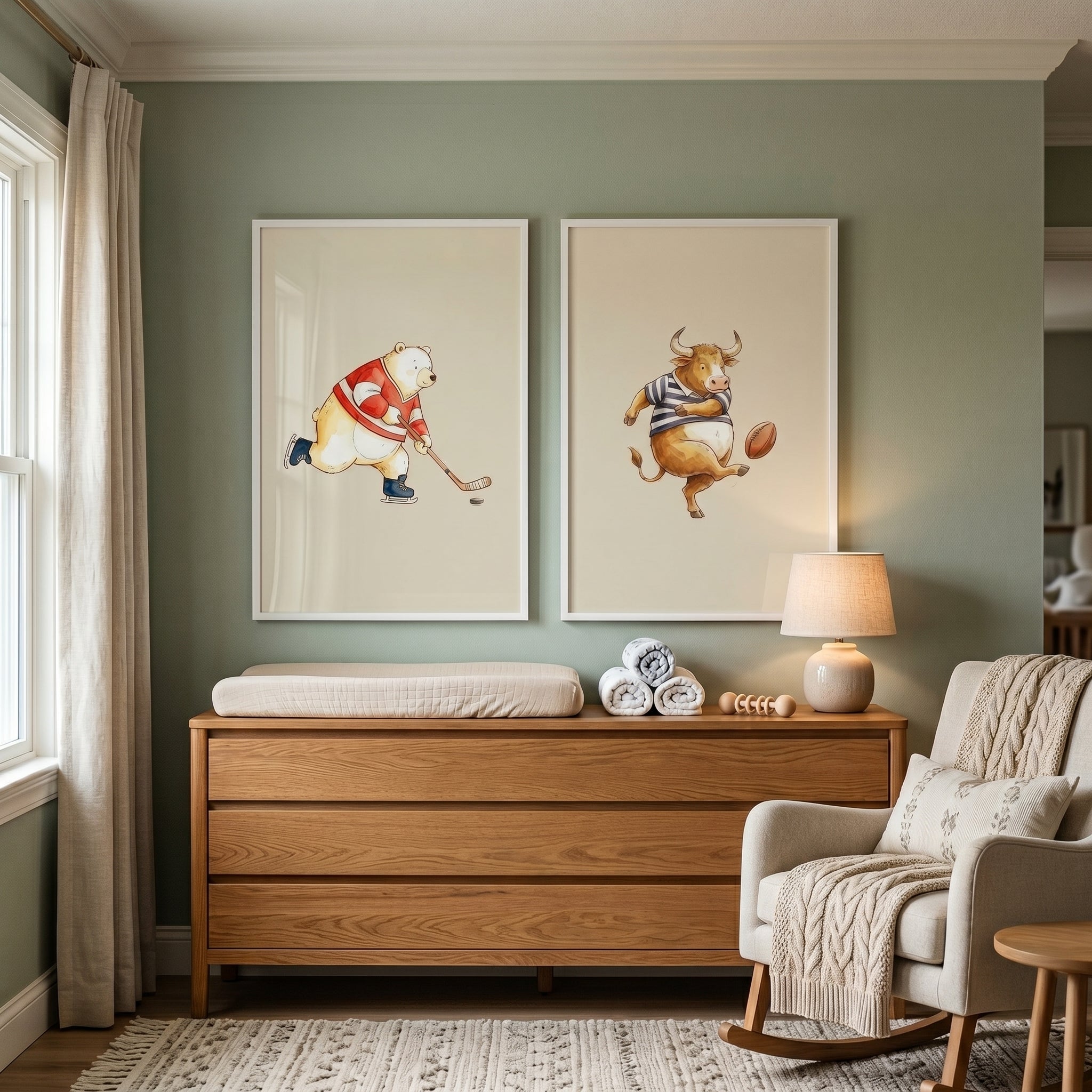 Playful Watercolor Sports Animals Wall Art Set of 2 - Athletic Creature Art