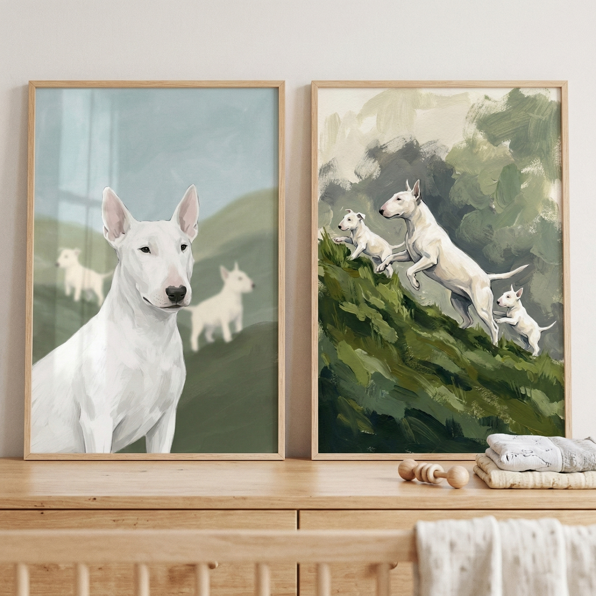 Playful White Bully Wall Art Set of 2 - White Terrier Journey