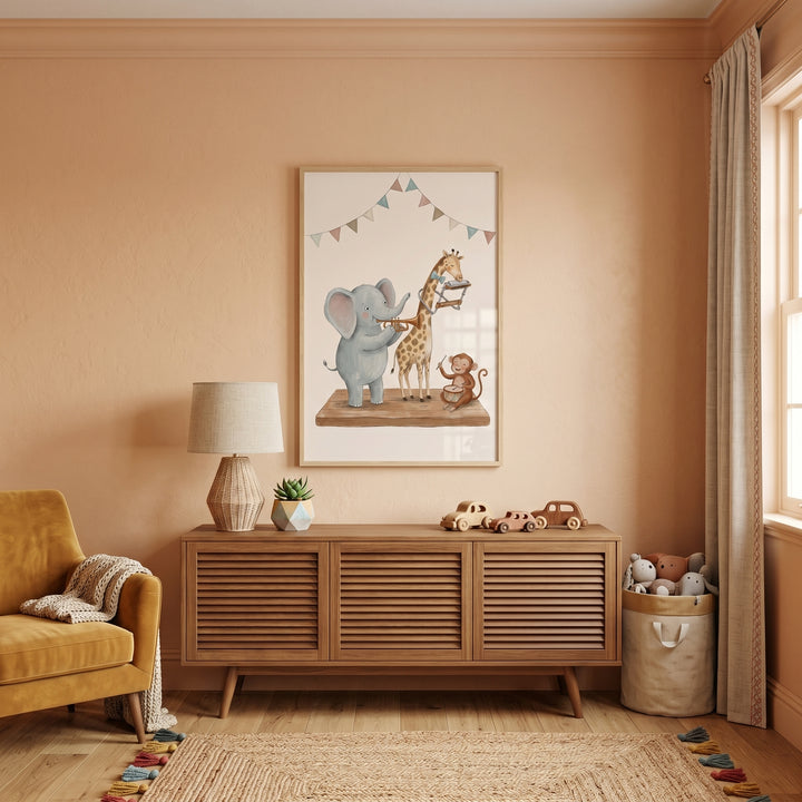 Warm nursery features playing band animals wall art above a slatted dresser, with a lamp, yellow chair, and jute rug.