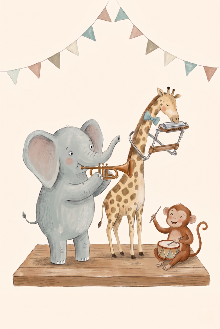 Elephant, giraffe, and monkey make music on a wooden platform, playing band animals wall art.