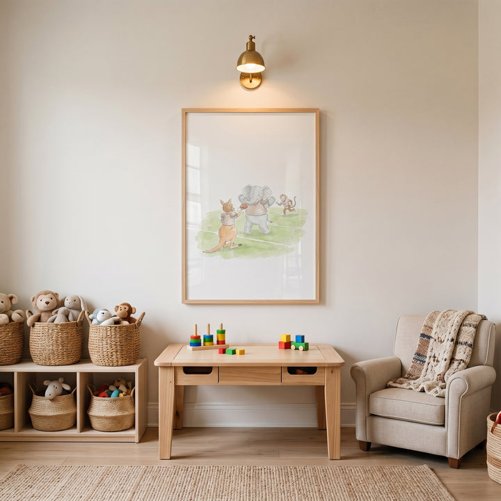 Framed playing football animals print above a wooden table in a nursery with an armchair and toys in wicker baskets.