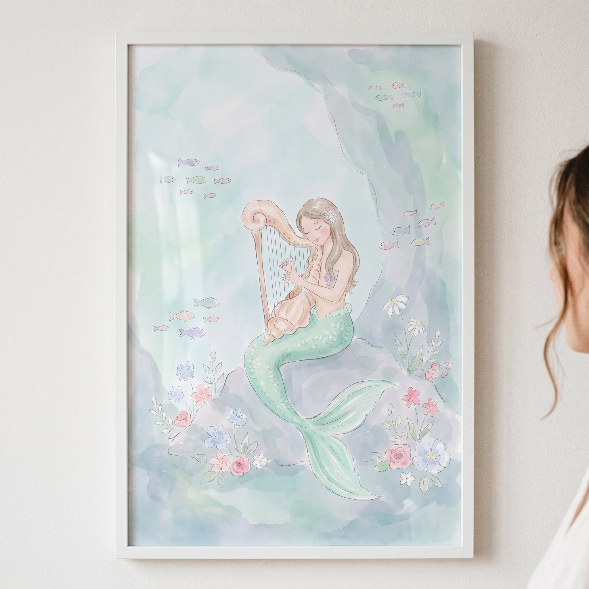Playing Harp Mermaid Wall Art - Seashell Harp Serenade