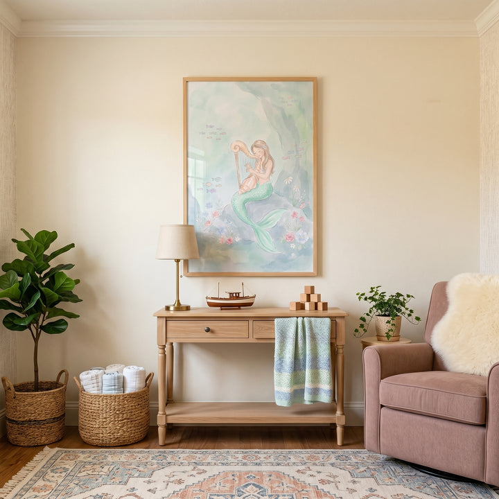 Playing harp mermaid wall art hangs above a wooden console table near a pink armchair and a potted fiddle leaf fig.