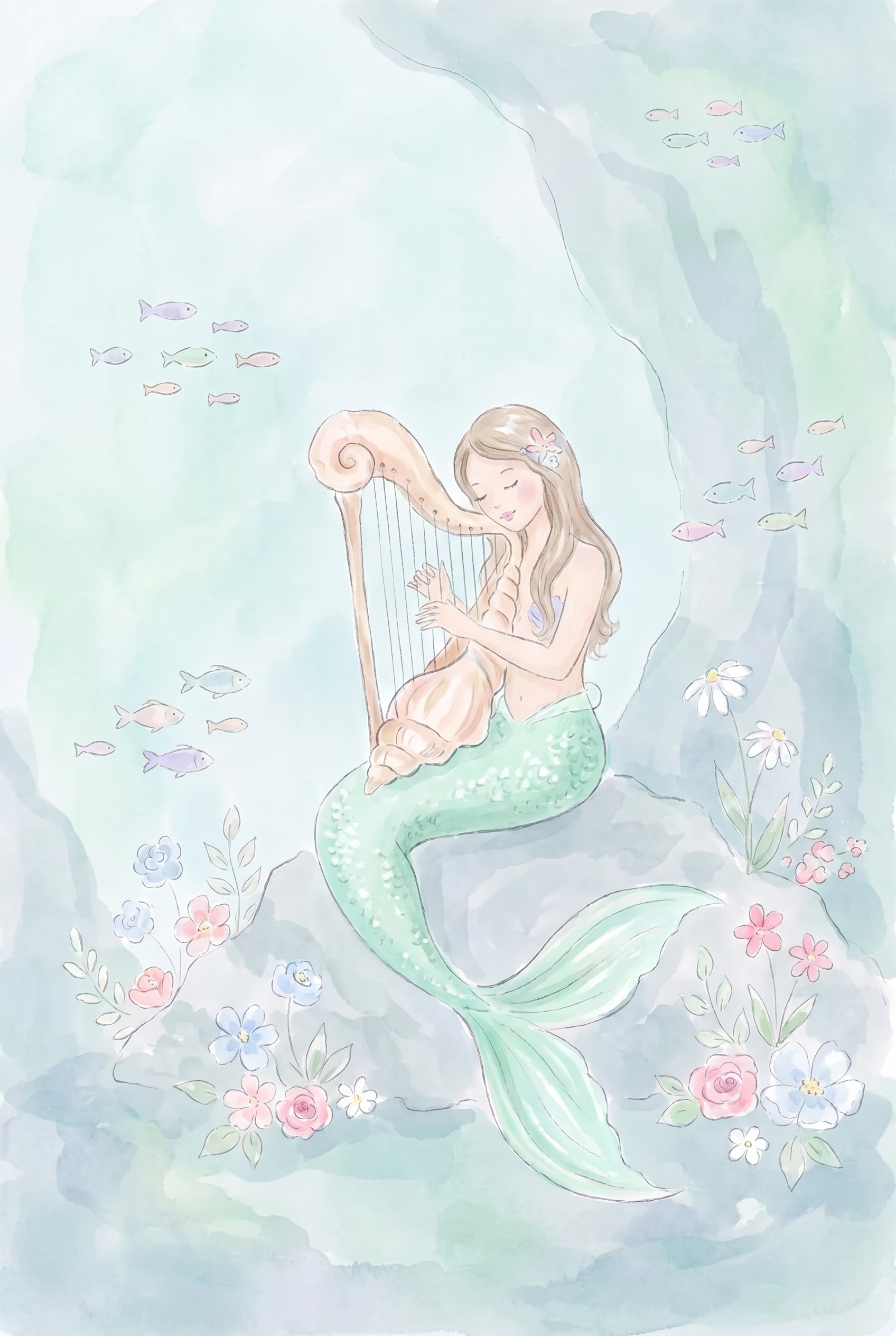 Playing Harp Mermaid Wall Art - Seashell Harp Serenade