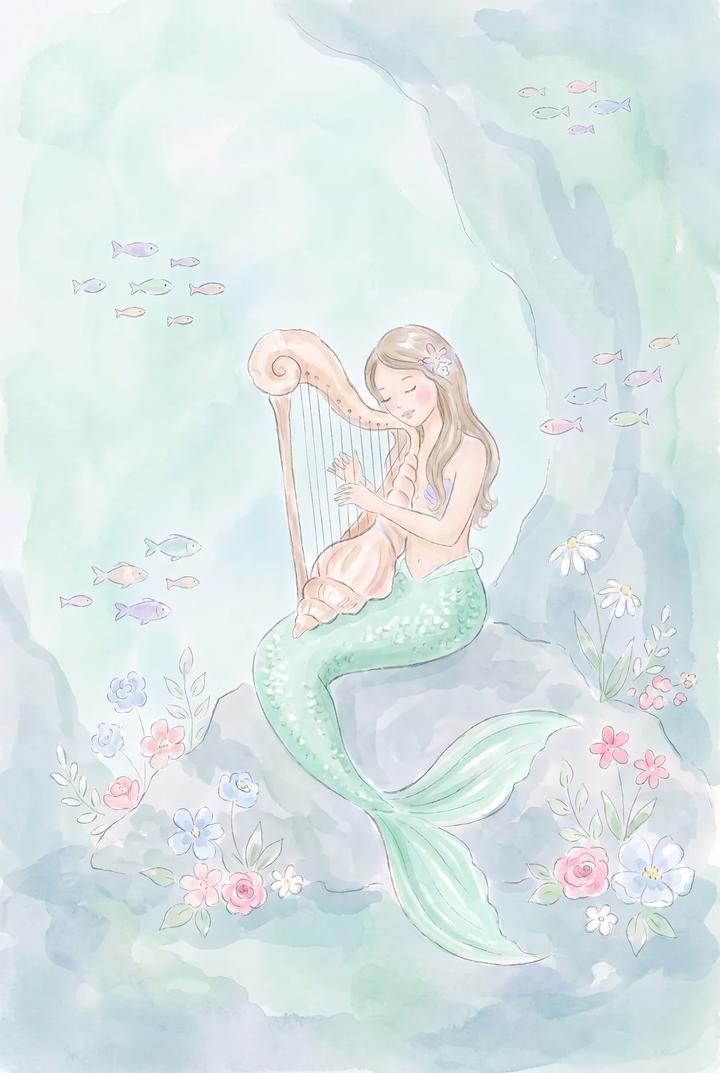 Watercolor art of a mermaid sitting on a rock playing a shell harp with fish, playing harp mermaid wall art.