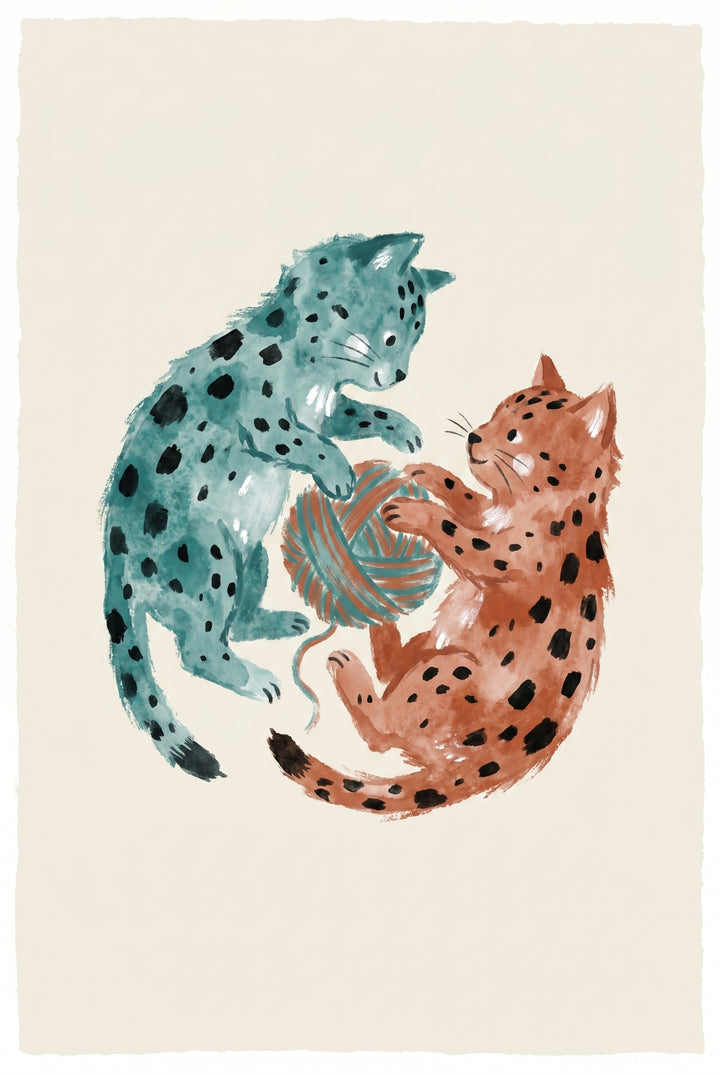 Teal and orange kittens bat a ball of string in this playing yarn spotted kittens wall art.