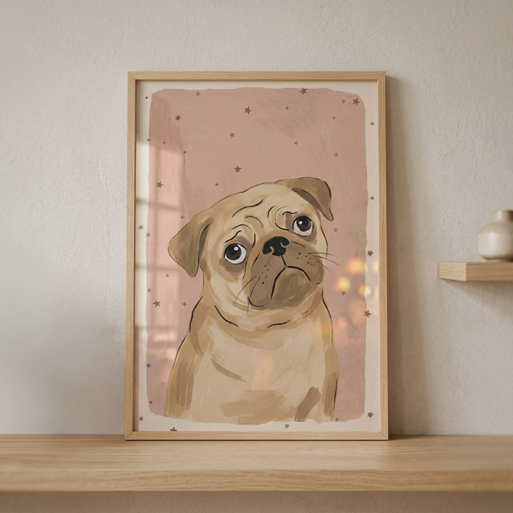 A framed illustration of a pug sits on a wooden shelf against a neutral wall. The artwork depicts a tan pug with large, soulful eyes and a wrinkled face, looking upward. The dog is set against a dusty pink background accented with small, scattered stars. The piece is encased in a light-colored wooden frame. Soft light catches on the glass surface, reflecting the surroundings. To the right, a portion of another wooden shelf with a small white vessel is visible.