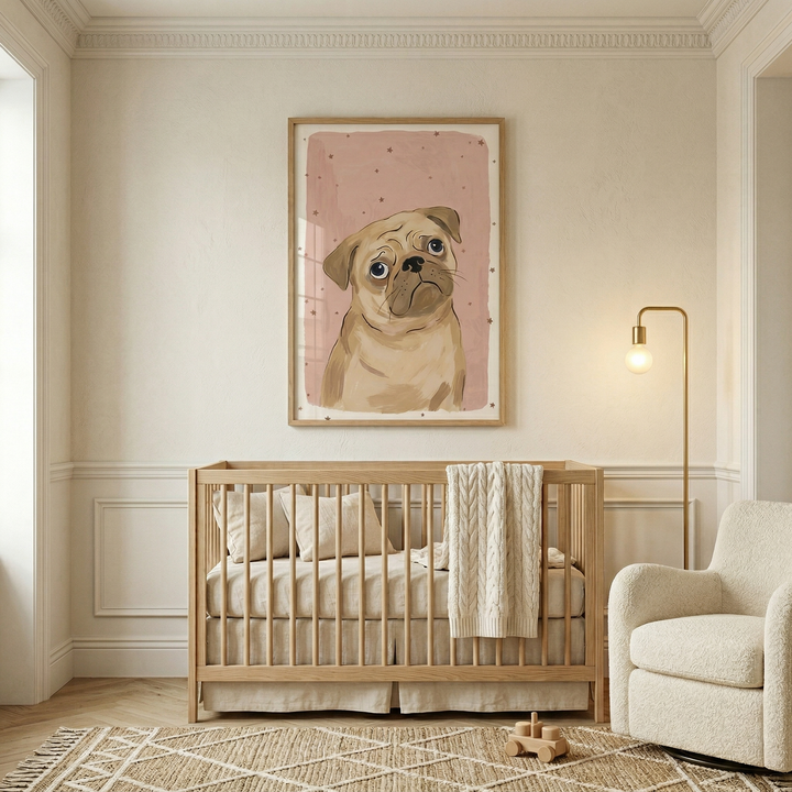 A serene, neutral-toned nursery features a light wood crib centered against a wall with elegant molding. Above the crib hangs a framed art print of a tan pug with large, expressive eyes on a muted pink background. The crib is dressed in soft cream bedding, with a chunky white knit blanket draped over its side. To the right, a textured white armchair sits next to a sleek gold floor lamp. A geometric patterned rug covers the herringbone wood floor, where a small wooden toy rests.