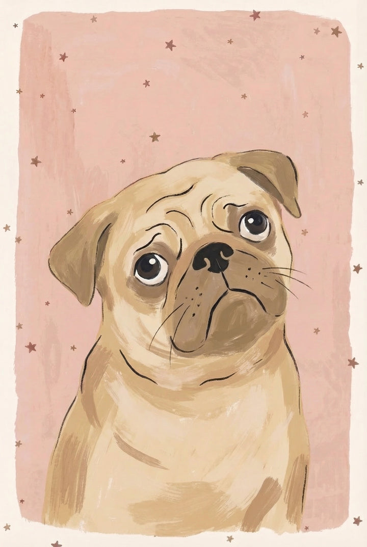  A close up illustration of a pug with large round eyes and a slightly tilted head against a warm pink background with subtle star details.

