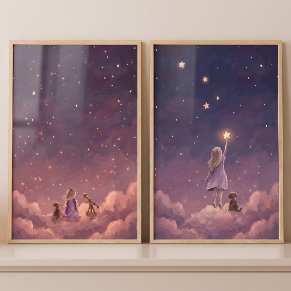 Plum sky girl dog wall art set of 2 with a girl and puppy on clouds stargazing and reaching for a bright glowing star.