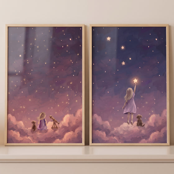 Plum sky girl dog wall art set of 2 with a girl and puppy on clouds stargazing and reaching for a bright glowing star.