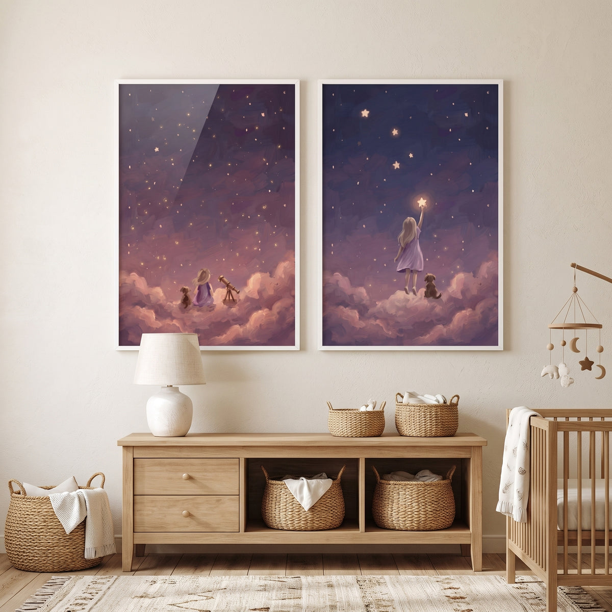 Plum Sky Girl Dog Wall Art Set of 2 - Starry Cloud Dreams
