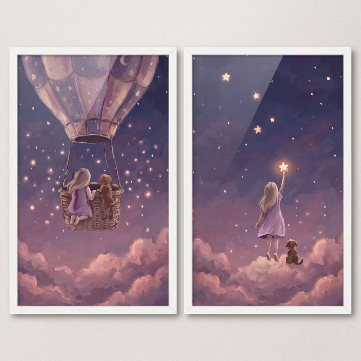 Plum starlight girl dog wall art set of 2 shows a girl and dog in a balloon and touching a star above purple clouds.