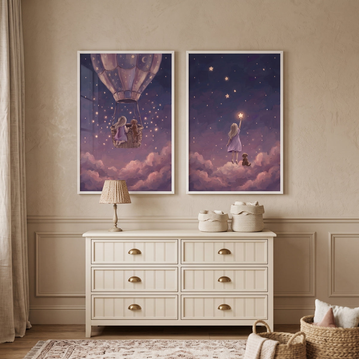 Plum Starlight Girl Dog Wall Art Set of 2 - Starlit Dream Voyage