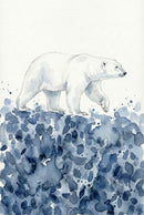 A watercolor painting of a polar bear walking gracefully across an abstract, splattered landscape of deep blue and indigo tones. The minimal background and fluid brushstrokes evoke a wintry, arctic atmosphere with a soft, artistic touch.
