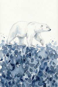 A watercolor painting of a polar bear walking gracefully across an abstract, splattered landscape of deep blue and indigo tones. The minimal background and fluid brushstrokes evoke a wintry, arctic atmosphere with a soft, artistic touch.

