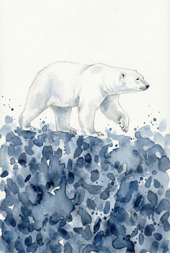 A watercolor painting of a polar bear walking gracefully across an abstract, splattered landscape of deep blue and indigo tones. The minimal background and fluid brushstrokes evoke a wintry, arctic atmosphere with a soft, artistic touch.
