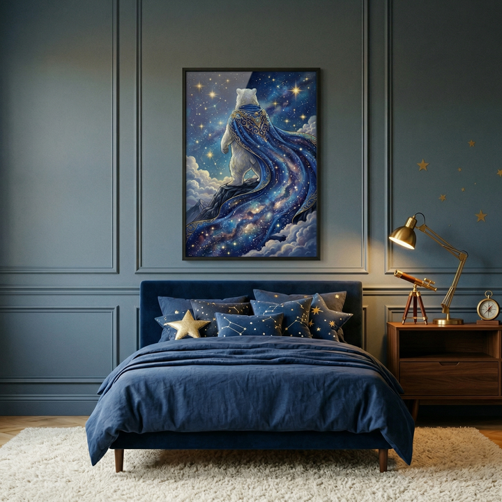 A sophisticated bedroom featuring a dark blue, celestial theme. On the navy blue paneled wall hangs a large framed artwork of a polar bear wearing a magnificent, flowing blue cape adorned with stars and galaxies, standing on a rocky peak against a cloud-filled night sky. Below, a bed with a velvet headboard is neatly made with dark blue bedding and several pillows with star and constellation patterns, including a single gold star-shaped pillow. 