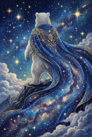 Fantasy wall art print of a white polar bear standing on a rocky peak beneath a star filled night sky, seen from behind in an ornate deep blue cloak trimmed with gold. The flowing cape is patterned like a galaxy with constellations and stars, giving the scene a majestic celestial storybook feel.
