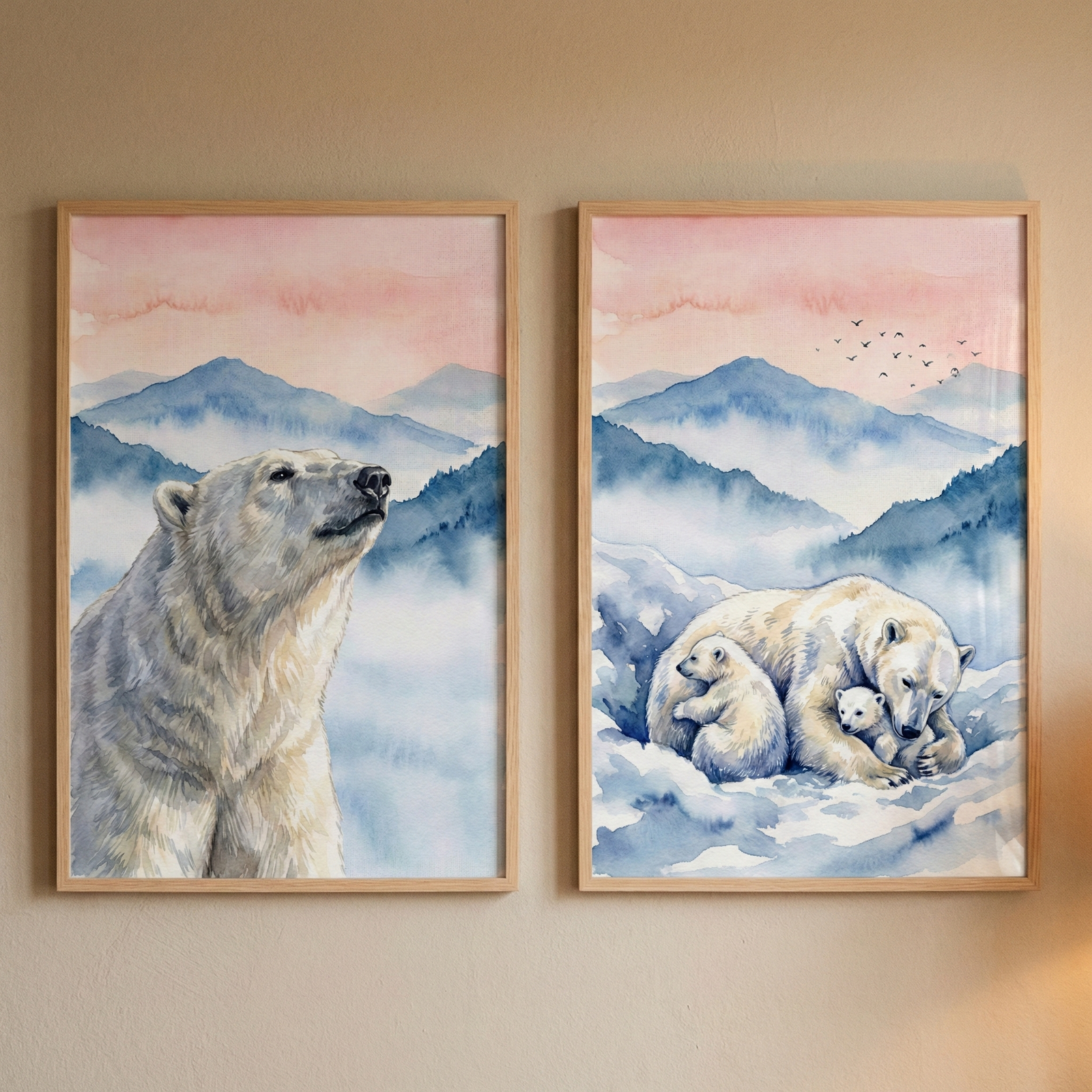 Two vertical watercolor-style illustrations in light wood frames hang side-by-side on a neutral wall. The left frame shows a close-up of a polar bear looking upward against a backdrop of misty blue mountains and a soft pink sky. The right frame features an adult polar bear lying in the snow, snuggling two small cubs, with similar mountains and a few small birds flying in the distance. The overall aesthetic is calm and serene, using a palette of soft blues, whites, and pinks.