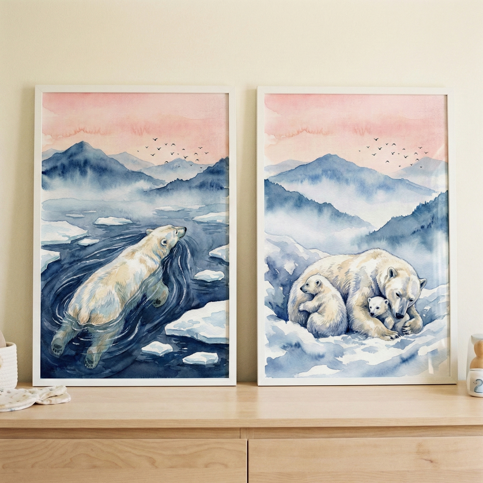 Two framed watercolor-style illustrations sit on a light wooden surface. Each piece depicts polar bears in an arctic setting. On the left, a large polar bear swims through dark blue water past several white ice floes. On the right, a polar bear rests on a snowy bank, cuddling two small cubs. Both scenes share a background of soft, misty blue mountains under a pale pink and peach sky where a small flock of birds is visible in flight.