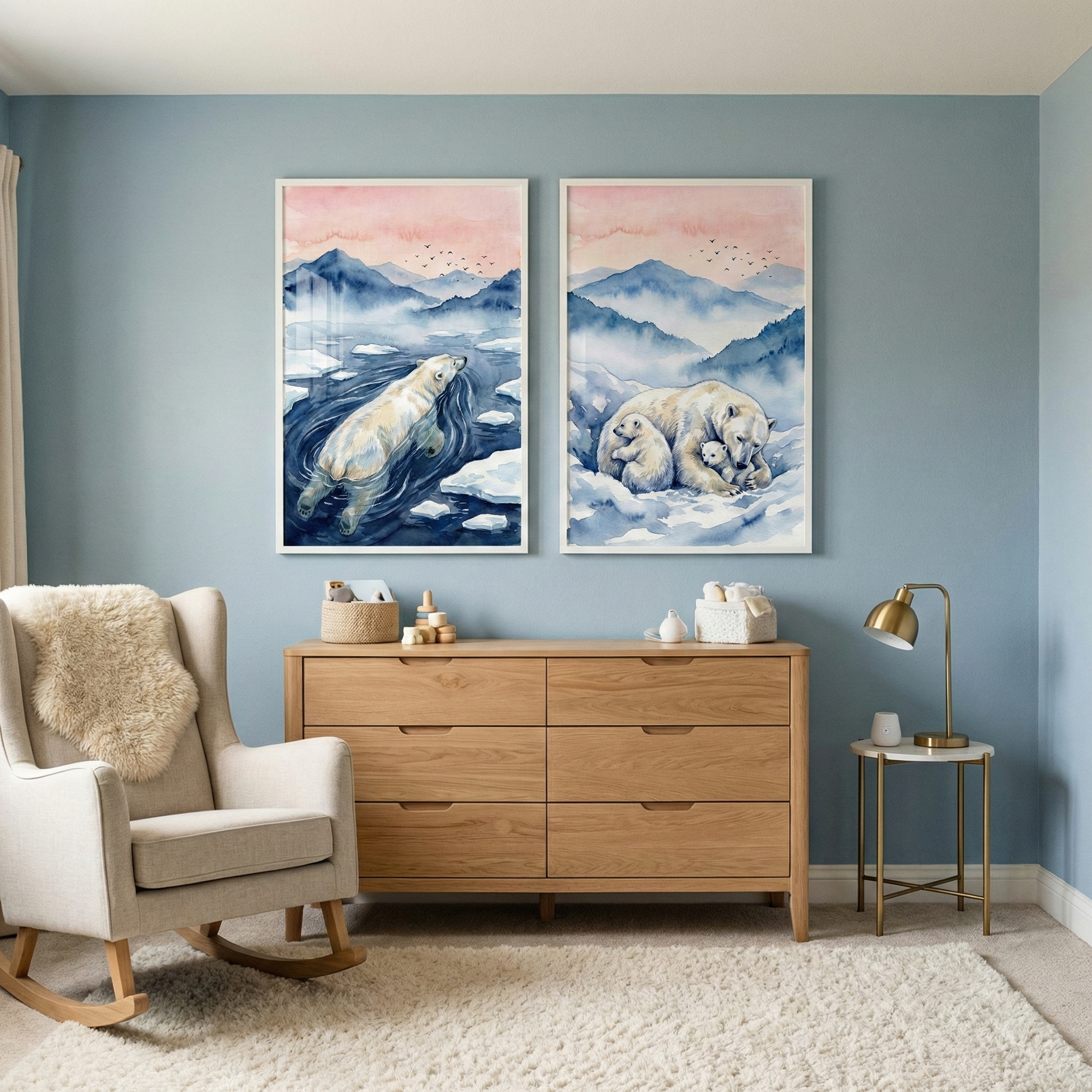 Polar Bear Nursery Wall Art Set of 2 - Frozen Tundra Journey