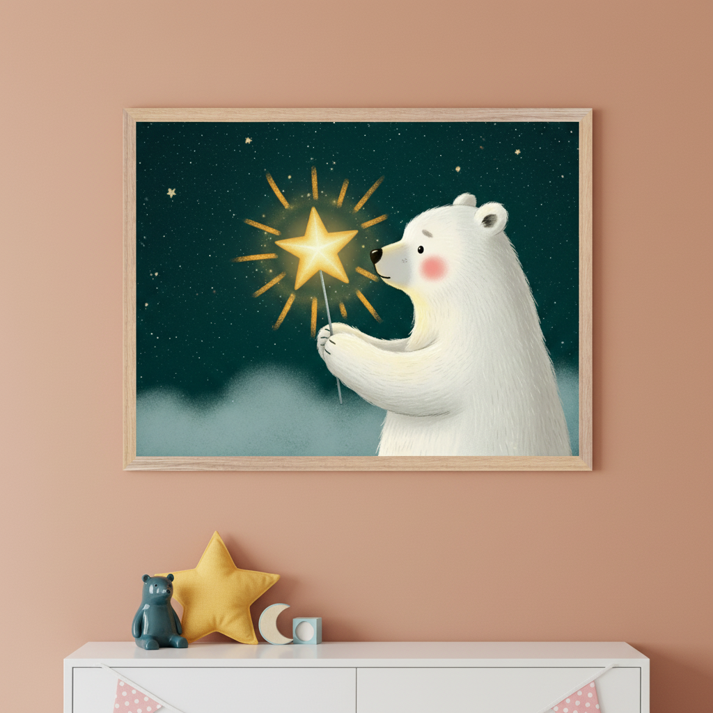 Kid's room with a peach wall. A framed illustration of a cartoon polar bear holding a glowing star against a starry night sky hangs above a white dresser. A blue bear toy, yellow star pillow, and moon block are on the dresser. Pink and white bunting is visible below.