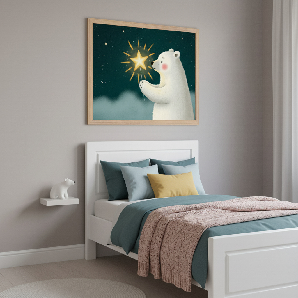 Kid's bedroom with a white wooden bed featuring blue bedding and a pink knitted blanket. Above the bed hangs a framed print depicting a cartoon polar bear holding a glowing star in a night sky. A small white floating shelf with a white polar bear figurine is on the left wall.