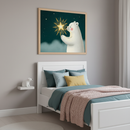Kid's bedroom with a white wooden bed featuring blue bedding and a pink knitted blanket. Above the bed hangs a framed print depicting a cartoon polar bear holding a glowing star in a night sky. A small white floating shelf with a white polar bear figurine is on the left wall.