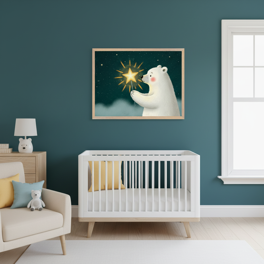 Modern nursery with a teal accent wall. A framed whimsical illustration of a polar bear holding a glowing star hangs above a white crib. To the left, a beige armchair with pillows and a white teddy bear is next to a light wood dresser with a bear-shaped lamp.