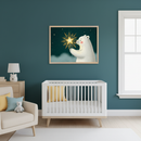 Modern nursery with a teal accent wall. A framed whimsical illustration of a polar bear holding a glowing star hangs above a white crib. To the left, a beige armchair with pillows and a white teddy bear is next to a light wood dresser with a bear-shaped lamp.