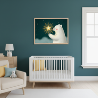 Modern nursery with a teal accent wall. A framed whimsical illustration of a polar bear holding a glowing star hangs above a white crib. To the left, a beige armchair with pillows and a white teddy bear is next to a light wood dresser with a bear-shaped lamp.
