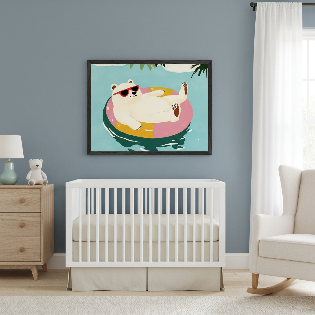 Modern nursery with a white crib, wooden dresser, and white rocking chair. A large framed print of a cartoon polar bear wearing red sunglasses on a colorful floatie in water hangs above the crib.
