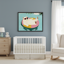 Modern nursery with a white crib, wooden dresser, and white rocking chair. A large framed print of a cartoon polar bear wearing red sunglasses on a colorful floatie in water hangs above the crib.