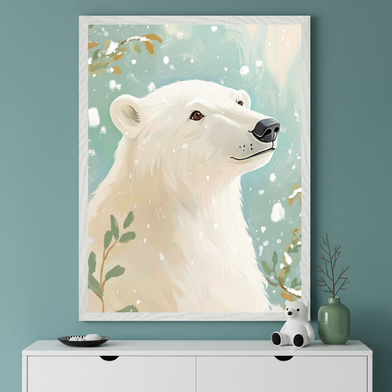 Modern room with a teal wall and a white dresser. A large framed painterly print of a white polar bear in a snowy scene hangs centered above the dresser. A small polar bear figurine and a green vase are on the dresser.