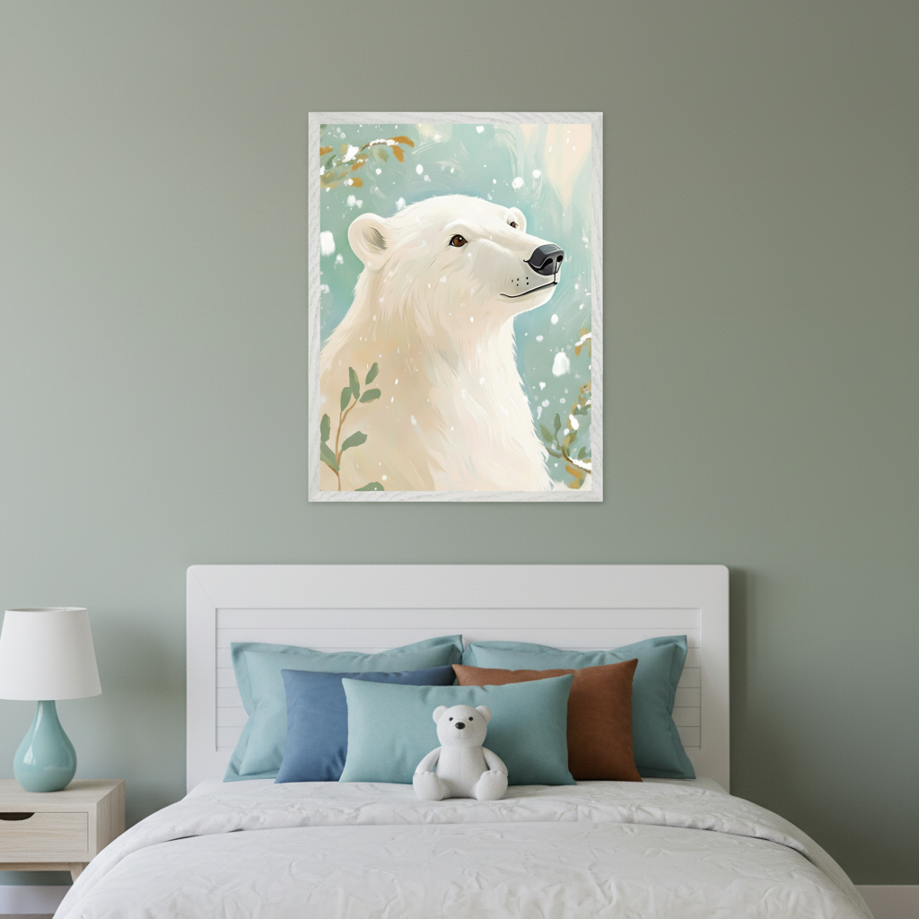 Modern bedroom with a white bed, headboard, and blue/brown pillows. A framed watercolor-style print of a polar bear in a snowy setting hangs centered above the bed. A nightstand with a lamp is to the left.