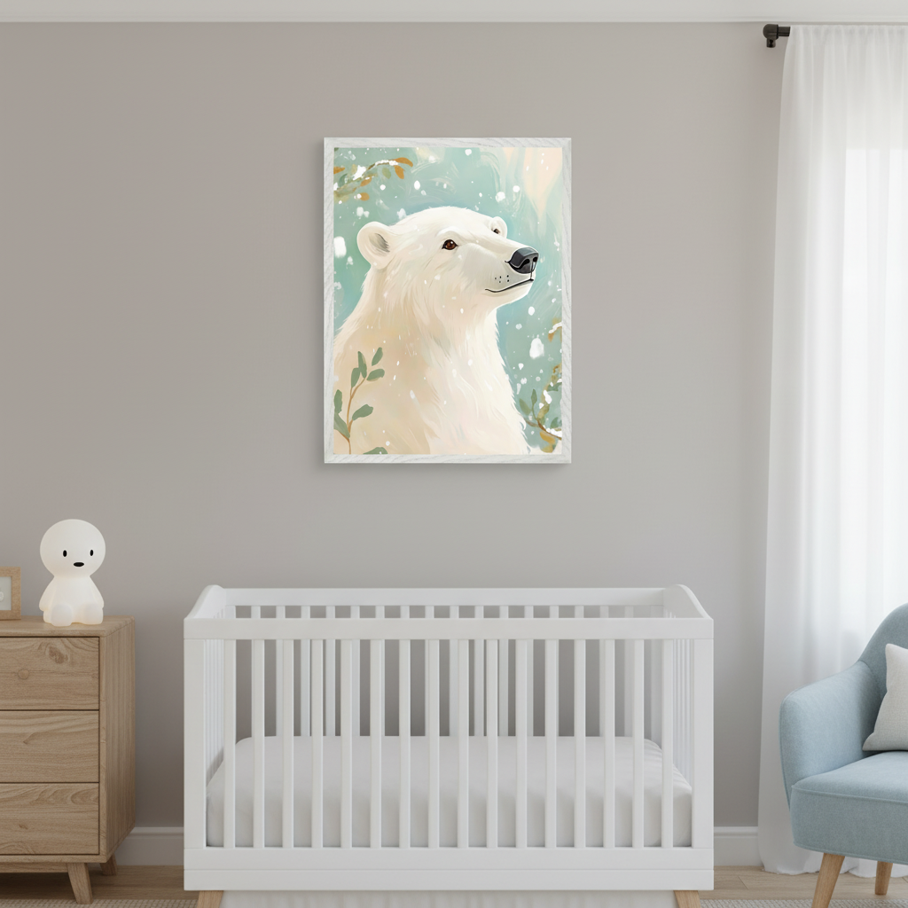 Modern nursery with a white crib, wooden dresser, and light blue armchair. A framed illustration of a polar bear looking upwards in a snowy, light blue and green setting hangs centered above the crib.