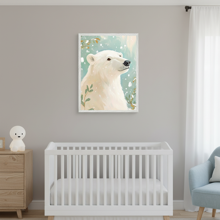 Modern nursery with a white crib, wooden dresser, and light blue armchair. A framed illustration of a polar bear looking upwards in a snowy, light blue and green setting hangs centered above the crib.